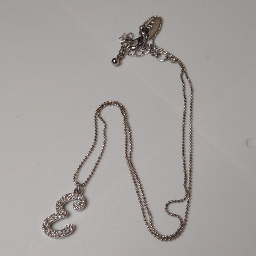 Silver Tone E Initial Pendant Necklace Adjustable 21 To 23.5 Inches Long